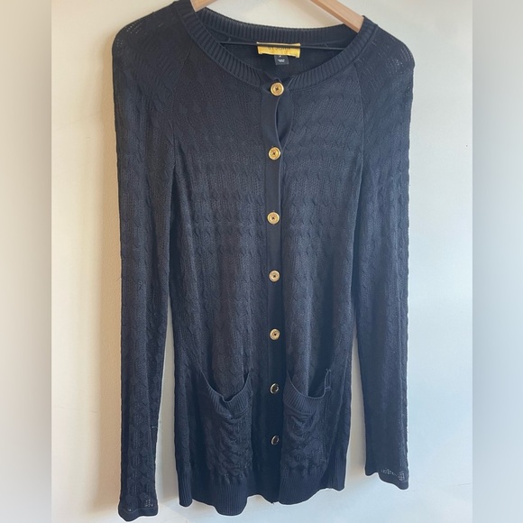 St. John|| Black Knit Cardigan with gold accent buttons, Viscose, Size Small P - Picture 2 of 8